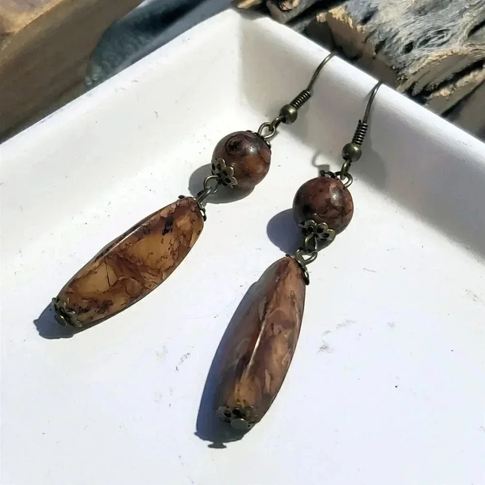 Rustic Bronze Metal Mottled Brown Lightweight Acrylic Handcrafted Earrings